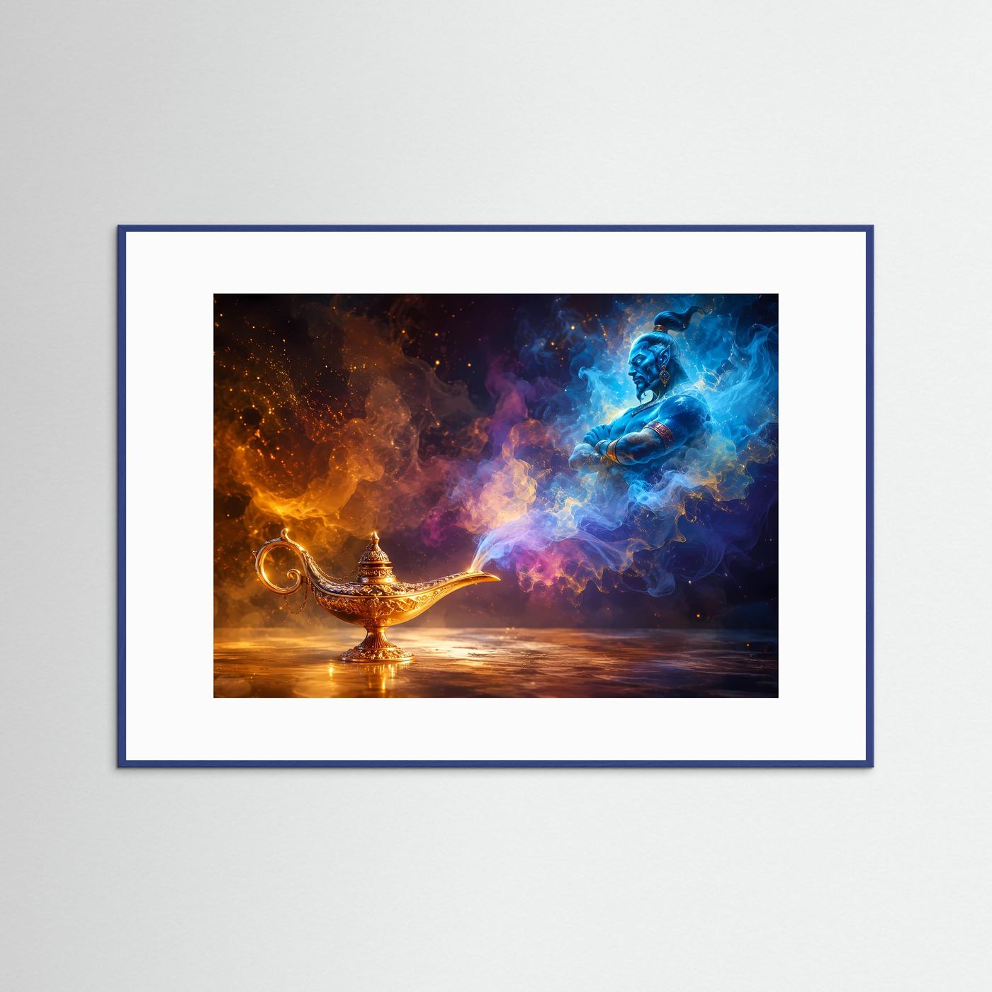 Magie aus der Wunderlampe | Mystischer Dschinn in Blau & Gold – Fantastische Wandkunst