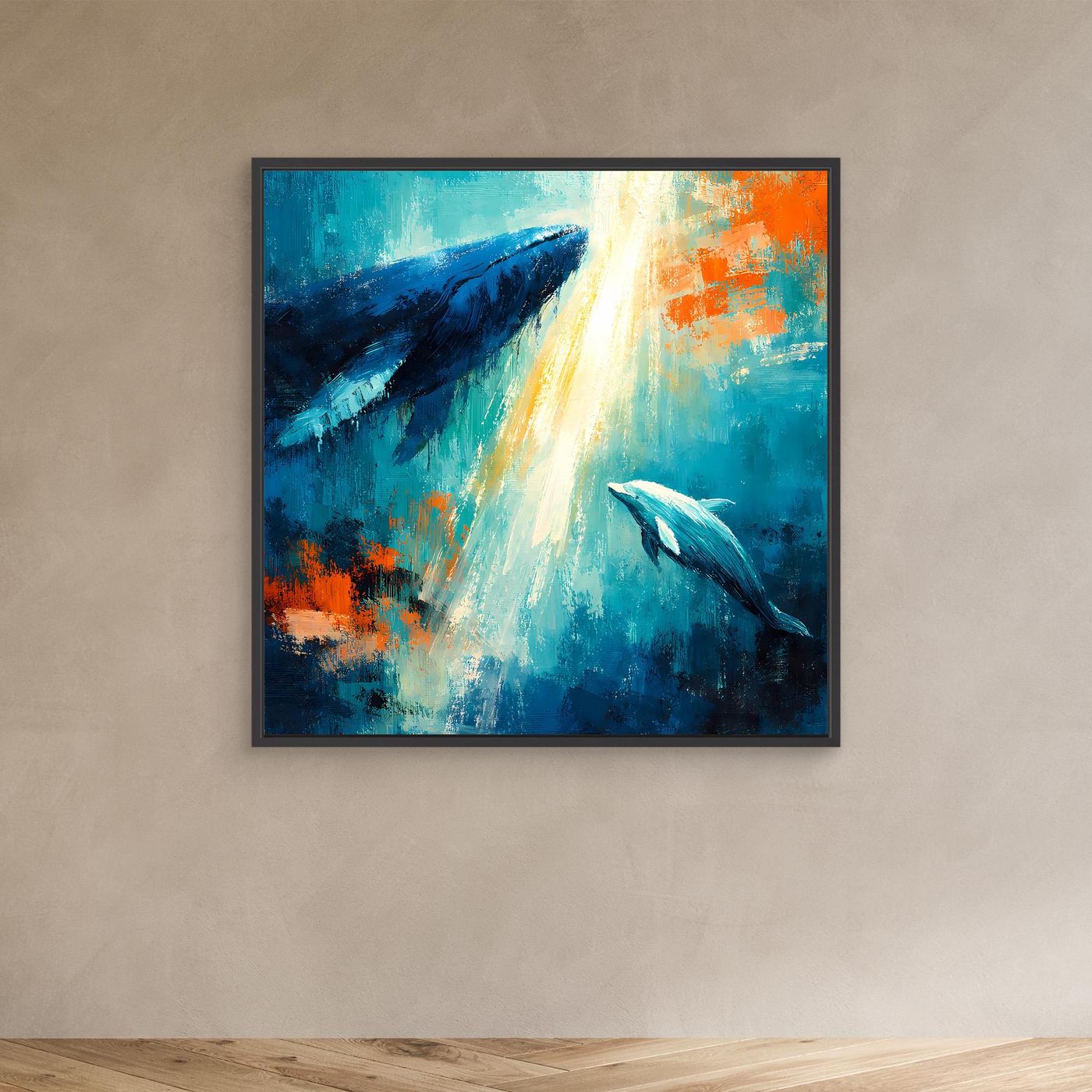 Leinwand Majestätischer Wal und Delfin im Lichtstrahl | Abstraktes Meeres Wandbild