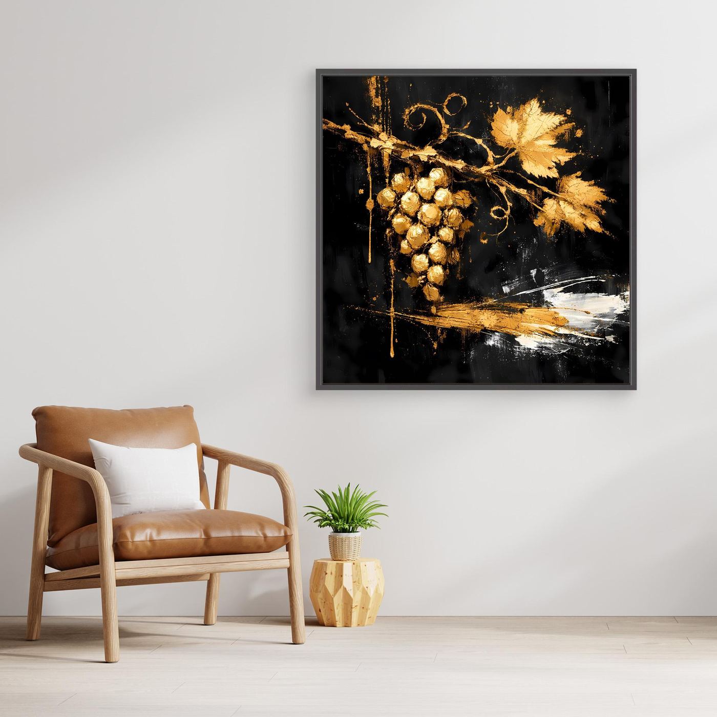 Leinwand Goldene Weintrauben auf Schwarz | Modernes Luxus Wandbild Küche & Wohnzimmer