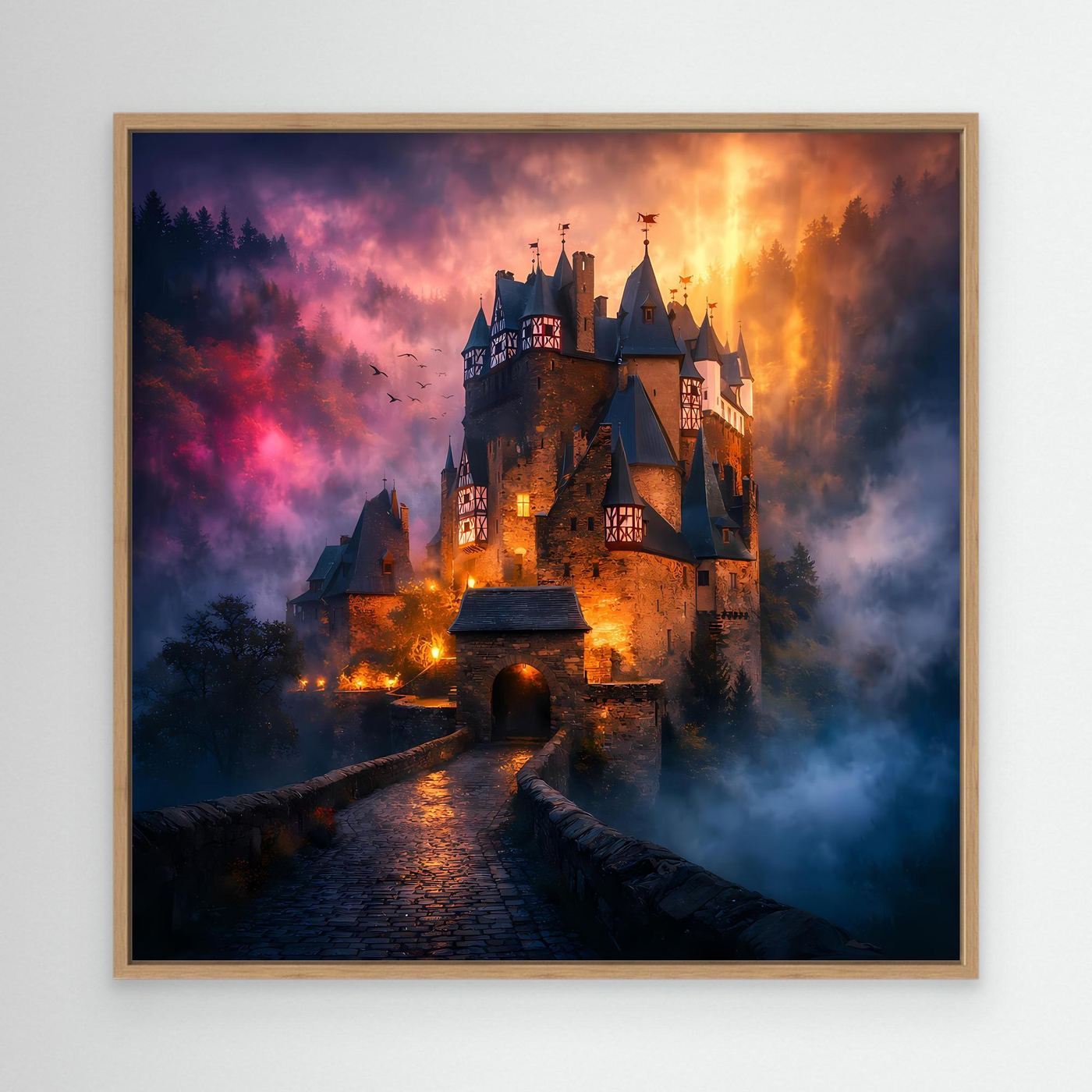 Leinwand Mystische Ritterburg im Nebel | Abstraktes Märchenschloss Wandbild