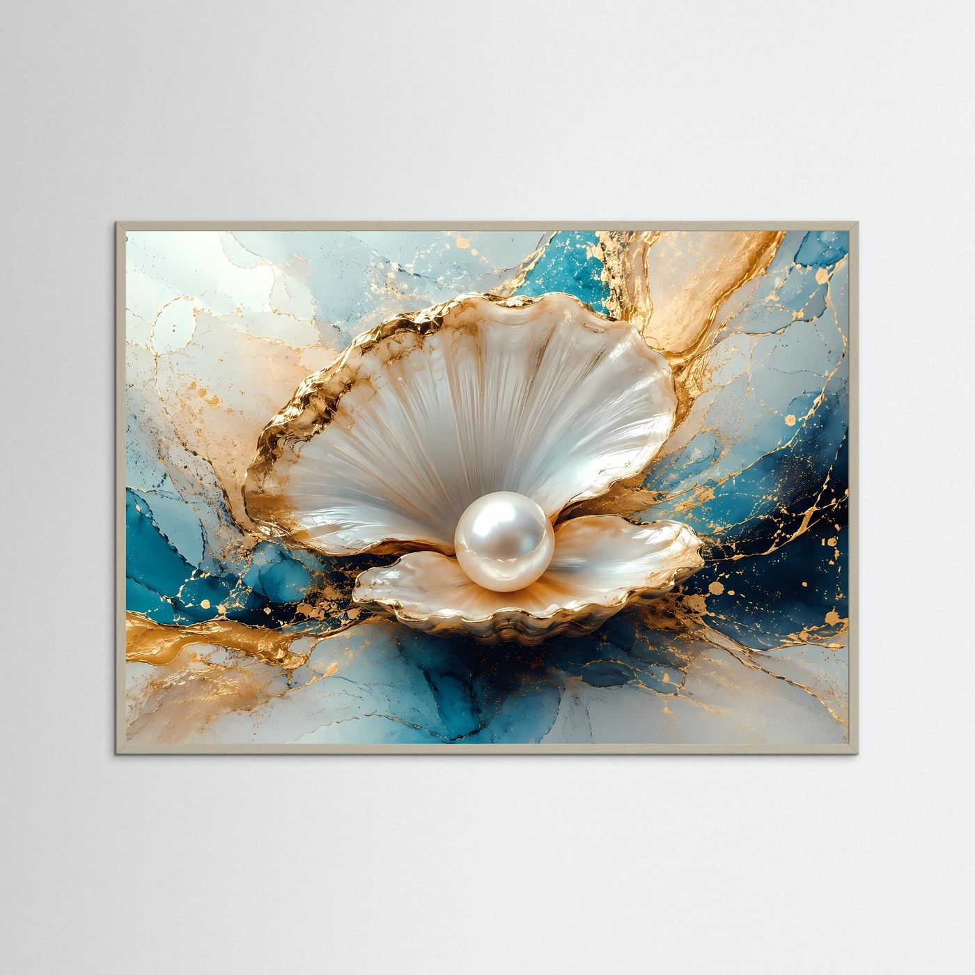 Perlenmuschel Poster | Elegante Muschel mit Perle Wandbild | Luxuriöse Gold Blau Marmor Kunst