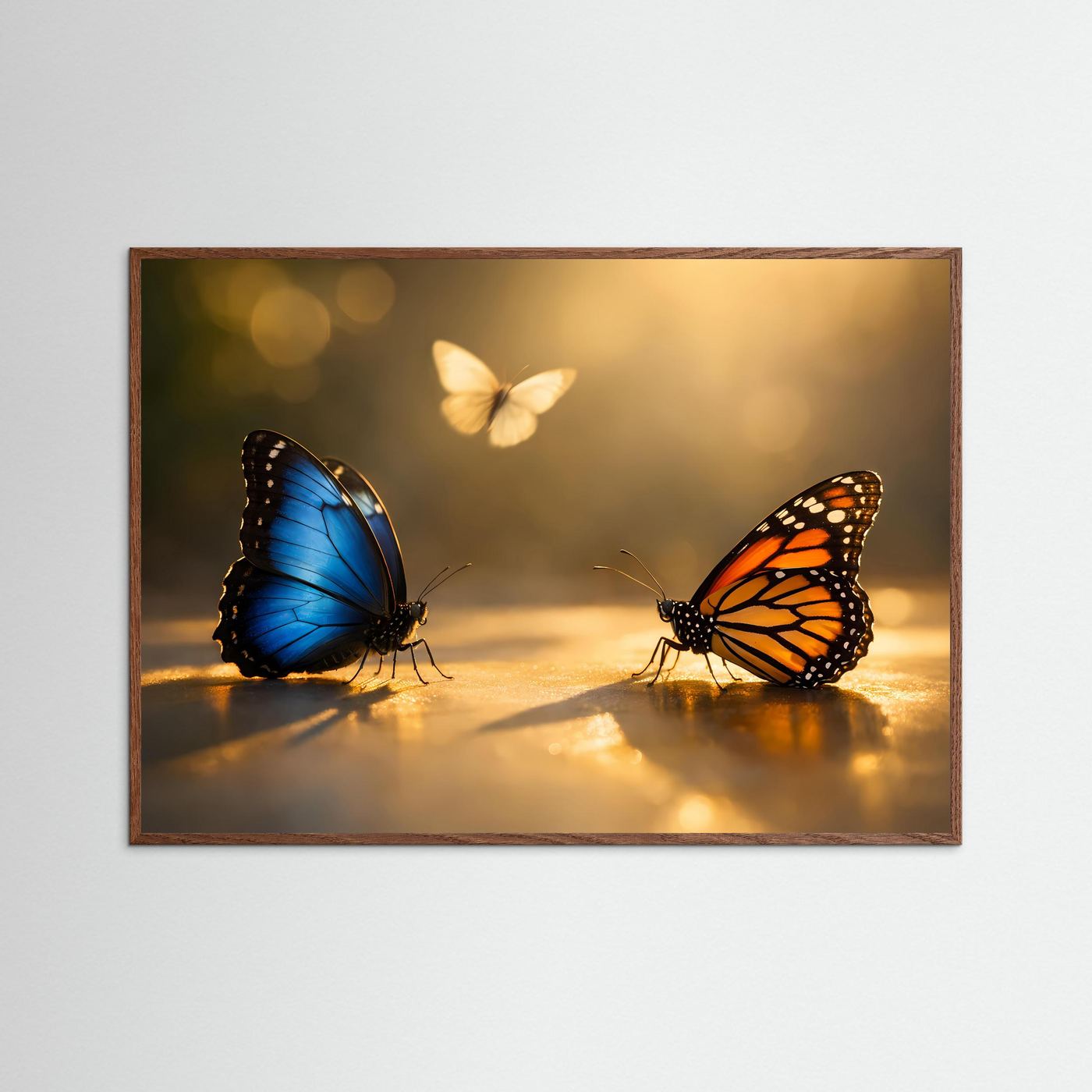 Poster mit Schmetterlingen, blau und orange, Querformat, brauner Holzrahmen