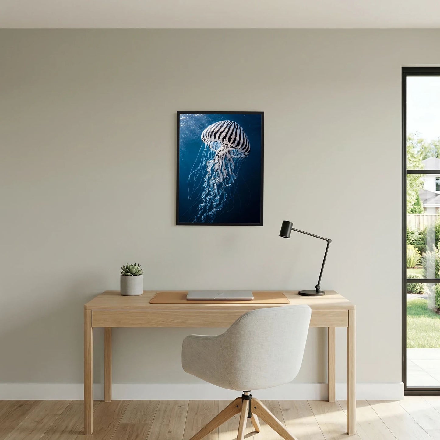 Gerahmtes Poster mit Qualle im Blau, klarer Kontrast und viele Tentakelfäden