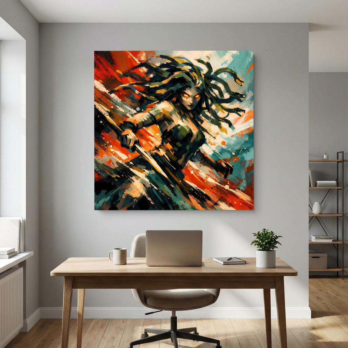 Leinwand-Wandbild: Medusa mit wildem Haarschwung, gemalte Energie in Orange, Schwarz und Türkis