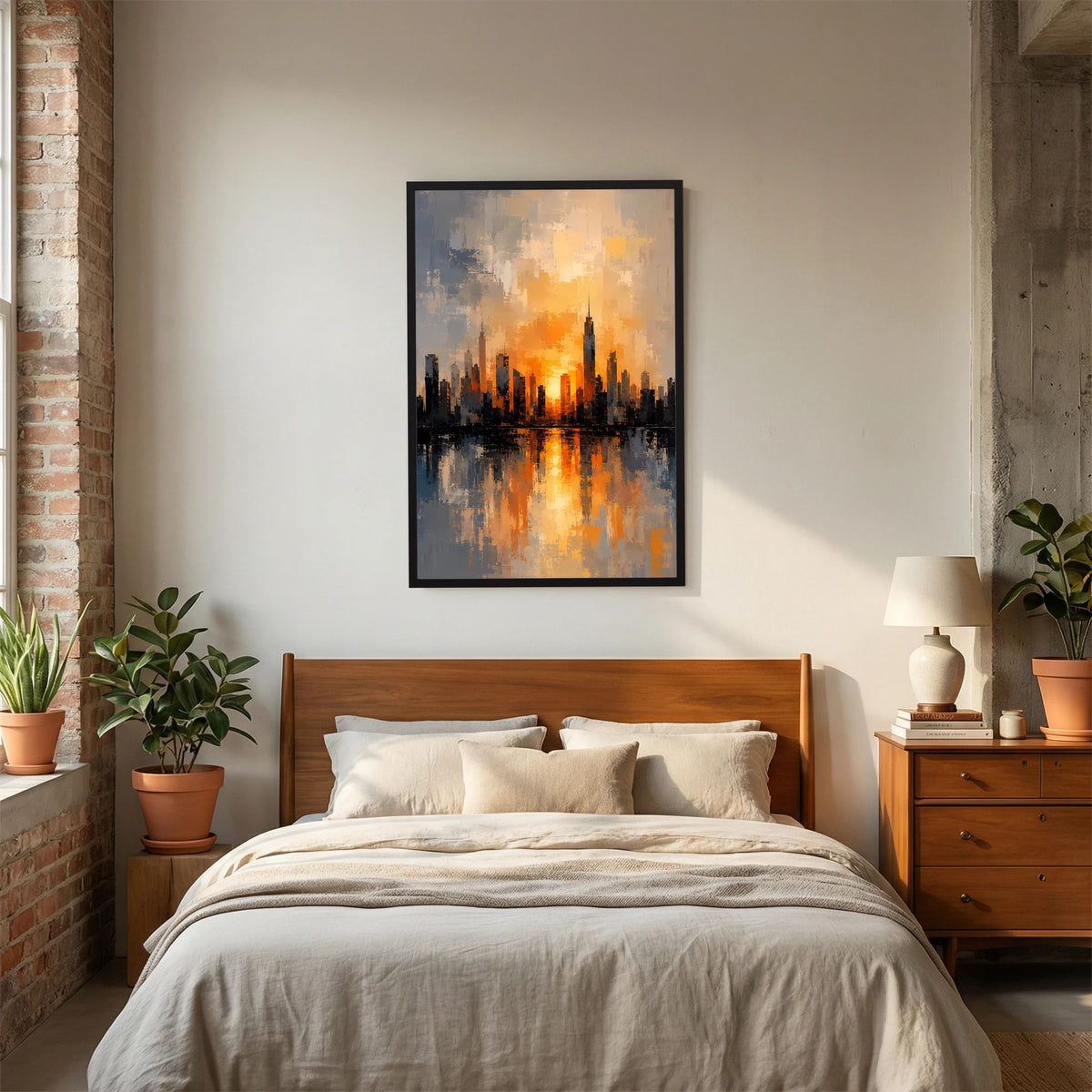 Poster Hochformat mit abstrakter Skyline, Sonnenuntergangsfarben Orange und Grau, schwarzer Rahmen
