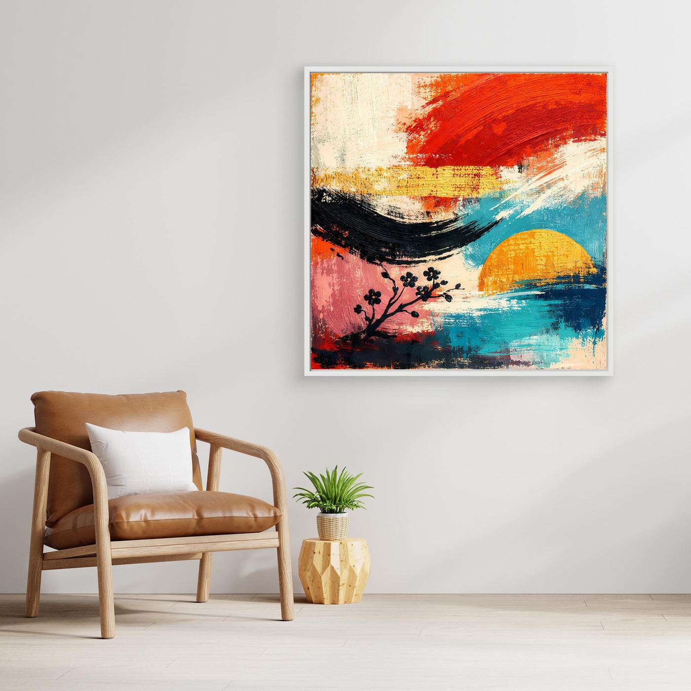 Leinwand-Wandbild mit abstrakter Kirschblütenlandschaft in Rot, Blau und Schwarz, brauner Rahmen