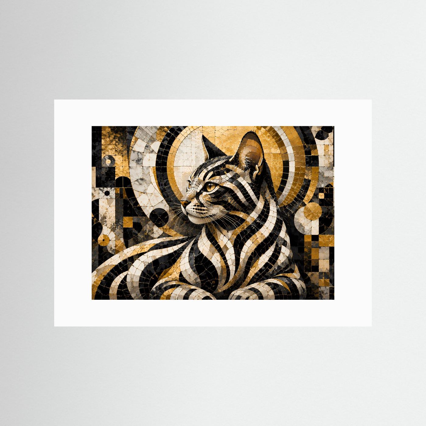 Poster Querformat mit abstrakter Katze im Mosaikstil, Schwarz-Gold, weißer Rand