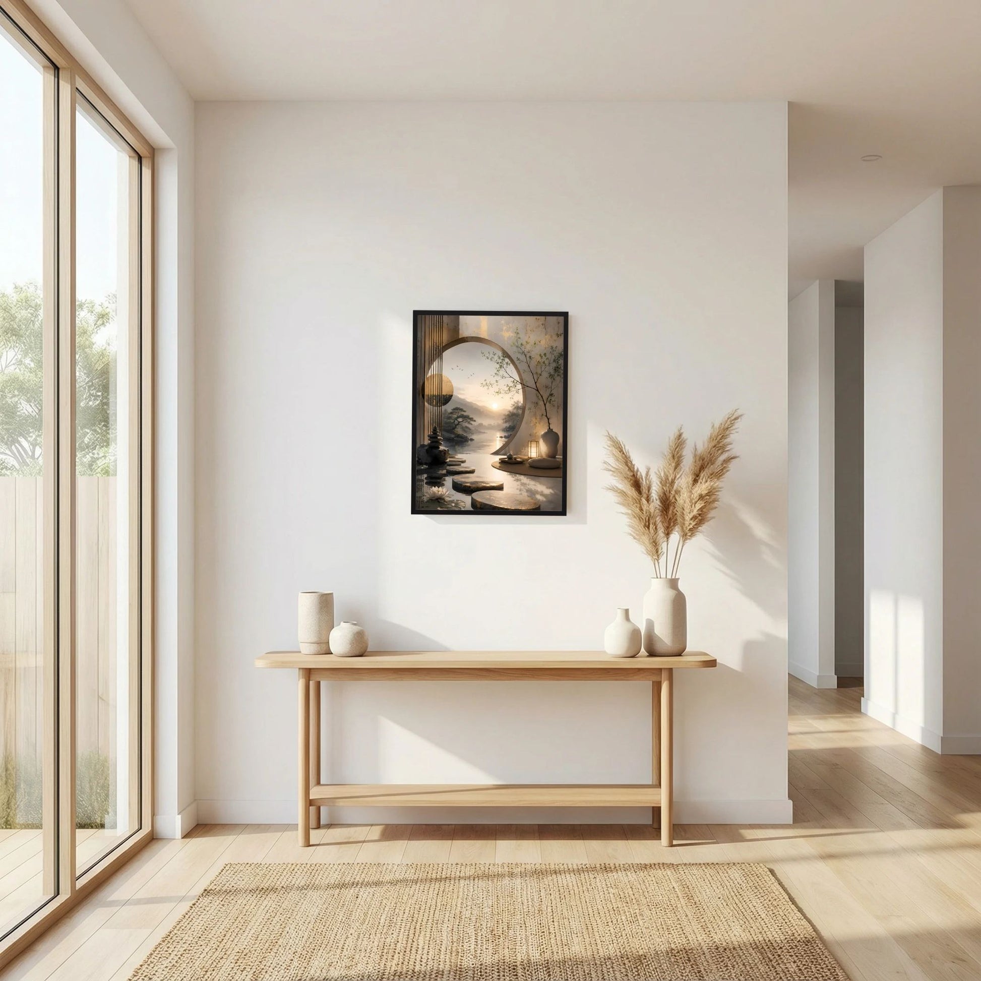 Hochformatiges Poster im schwarzen Rahmen an der Konsole mit Zen-Garten-Szene und Lichtbogen.