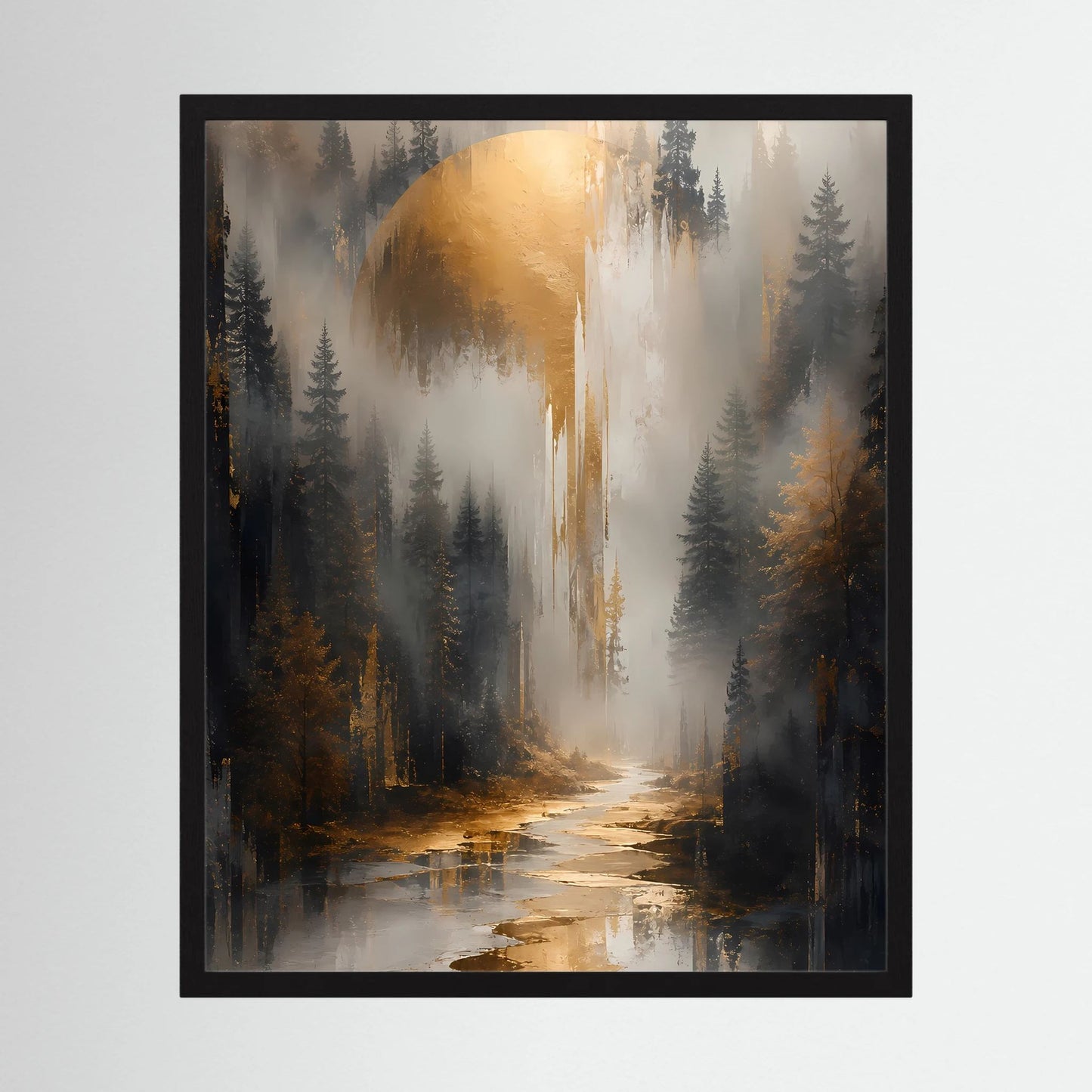 Gerahmtes Poster im Hochformat mit Waldlandschaft, goldenem Nebel und Fluss im Vordergrund
