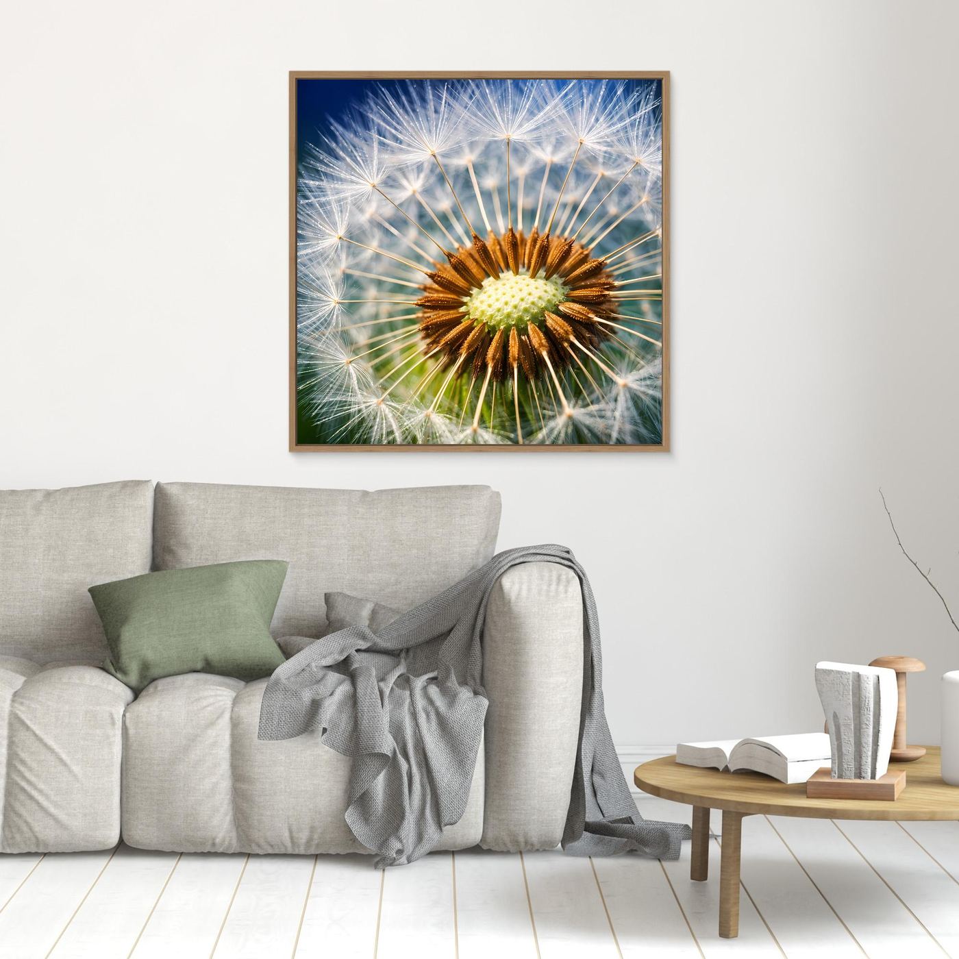 Gerahmtes Leinwandbild mit Pusteblumen-Makromotiv, goldener Rahmen