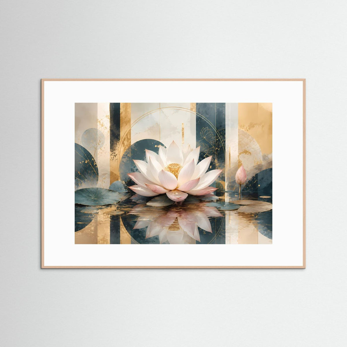 Querformat-Poster mit weißer Lotusblüte auf ruhigem Wasser, im goldbraunen Rahmen