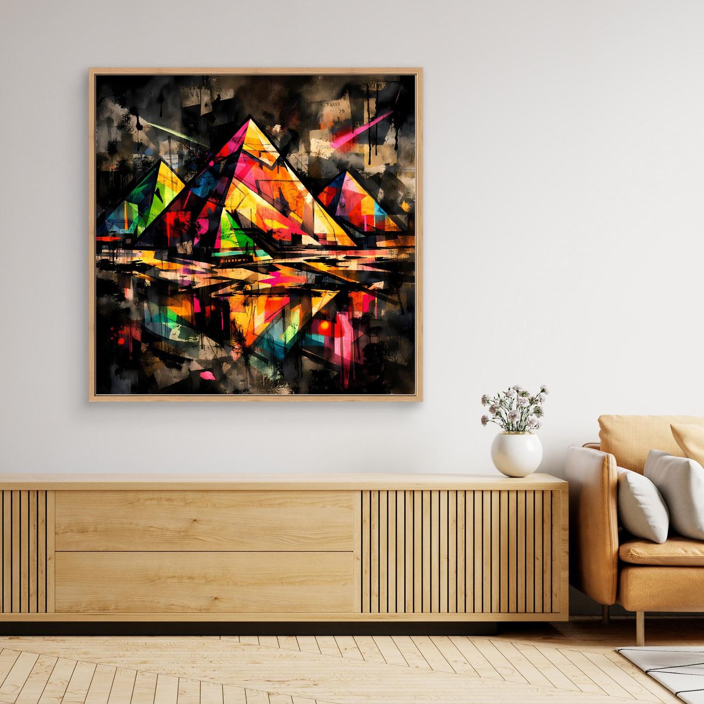 Leinwandbild mit abstrakten Pyramiden im Street-Art-Stil, mehrfarbig, Holzrahmen