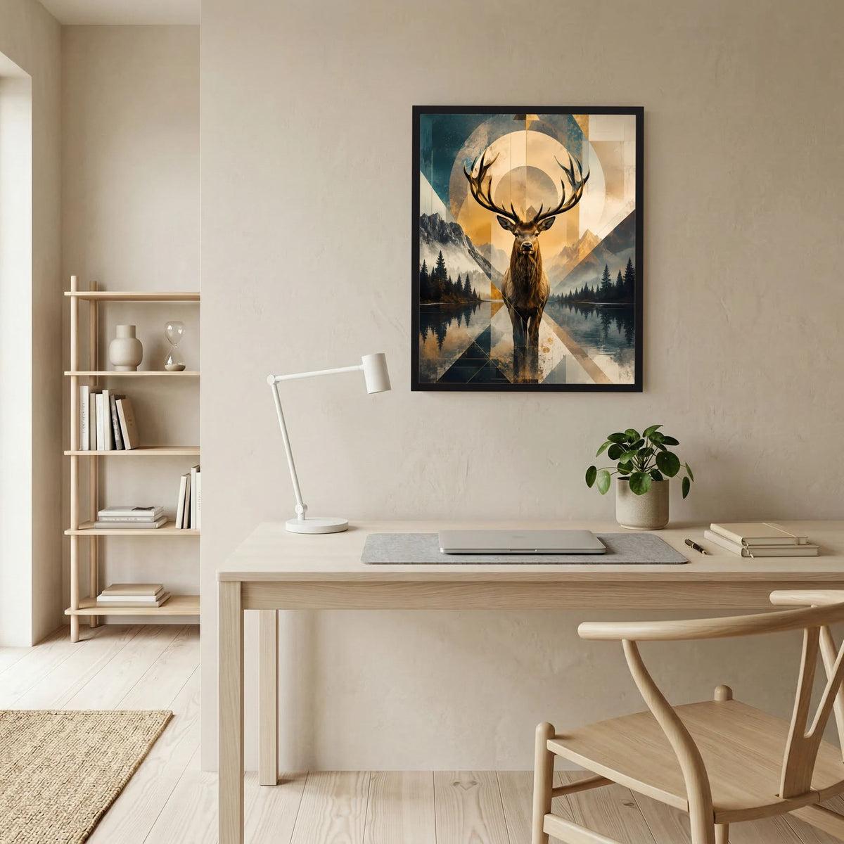 Gerahmtes Poster: goldener Hirschkopf über Landschaft mit Dreiecksgeometrie
