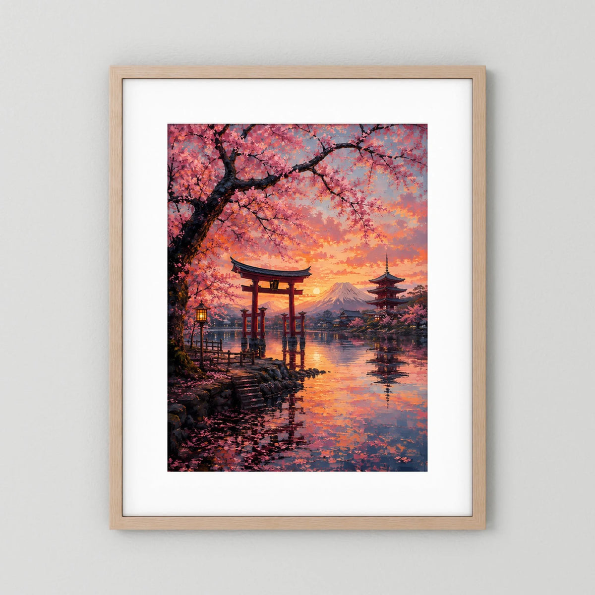 Hochformat-Poster mit Kirschblüten, Torii und Fuji im Sonnenuntergang, hellbrauner Rahmen