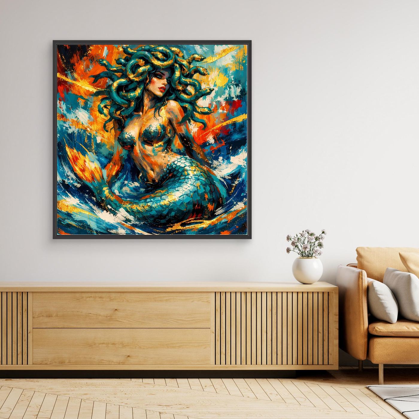 Gerahmtes Leinwandbild mit Meerjungfrau und Medusa im schwarzen Rahmen, buntes Fantasy-Motiv