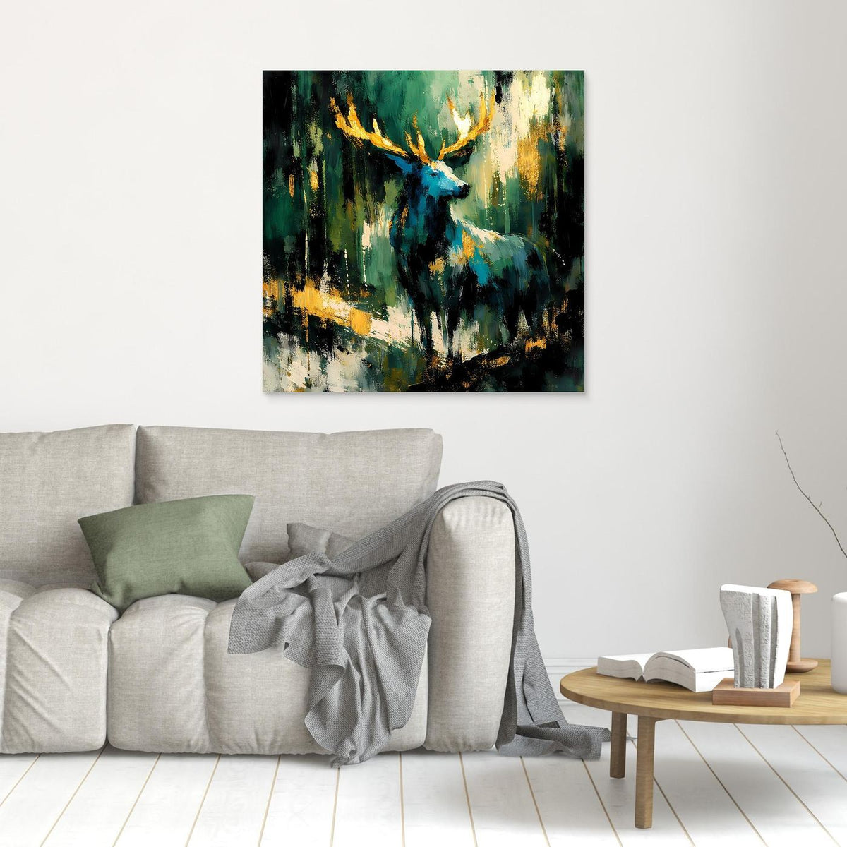 Leinwand-Wandbild im goldfarbenen Rahmen: abstrakter Hirsch in Grün, Blau und Gold