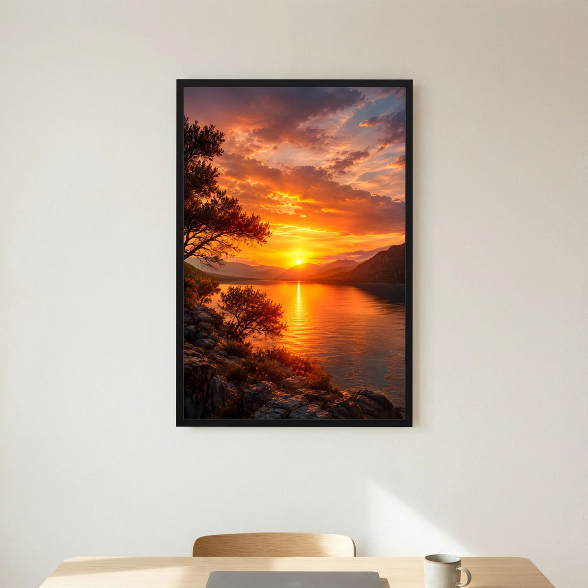 Hochformat-Poster Sonnenuntergang über Wasser und Berge, schwarz gerahmt