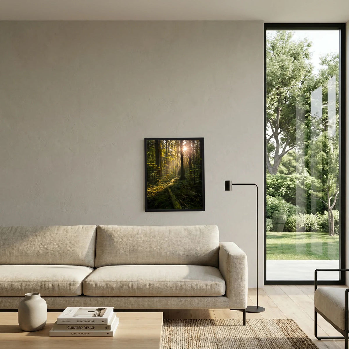 Im schwarzen Rahmen: Hochformat-Poster mit Wald und Sonnenstrahlen im Hintergrund