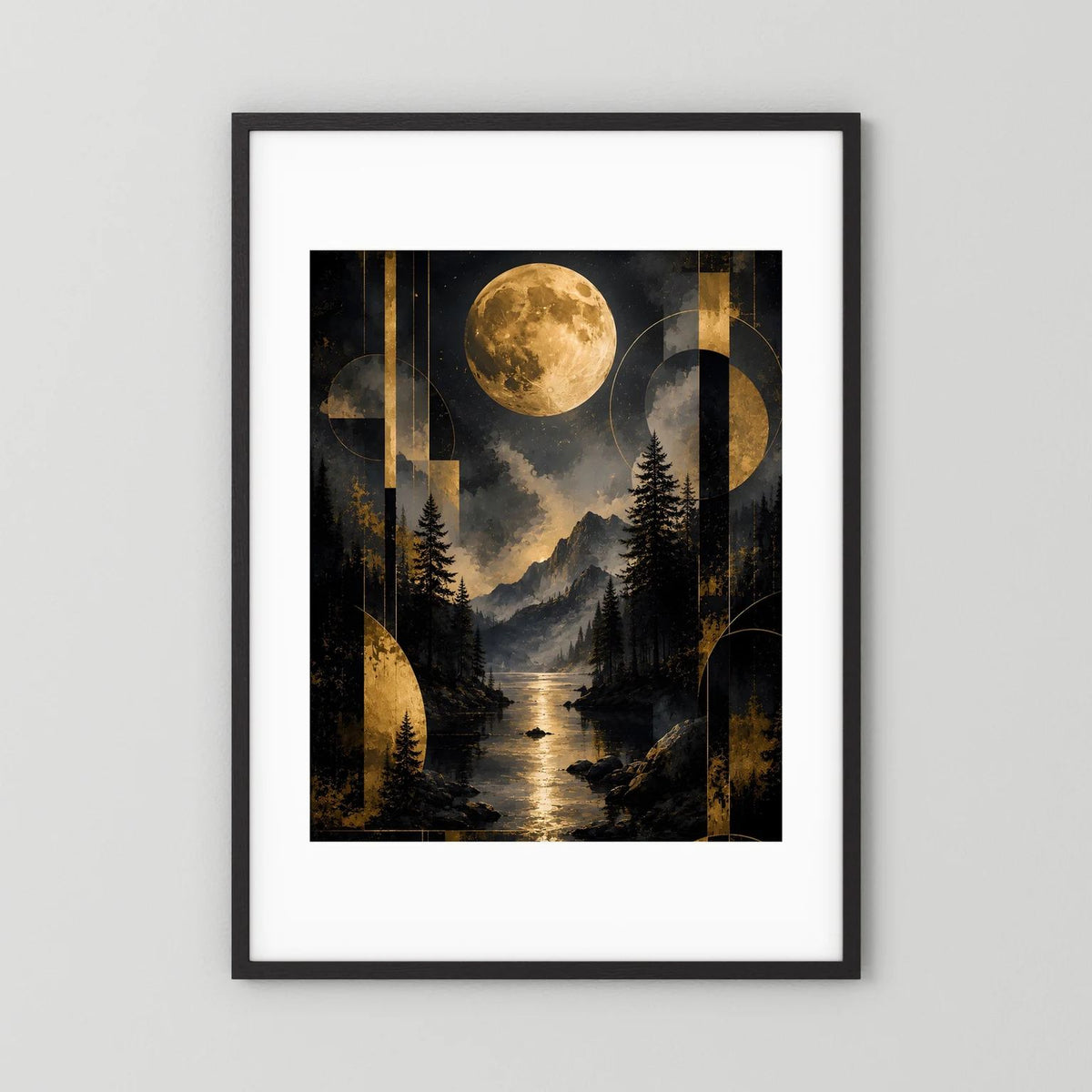Gerahmtes Hochformat-Poster mit goldener Vollmond-Landschaft, Bergen, Tannen und Fluss