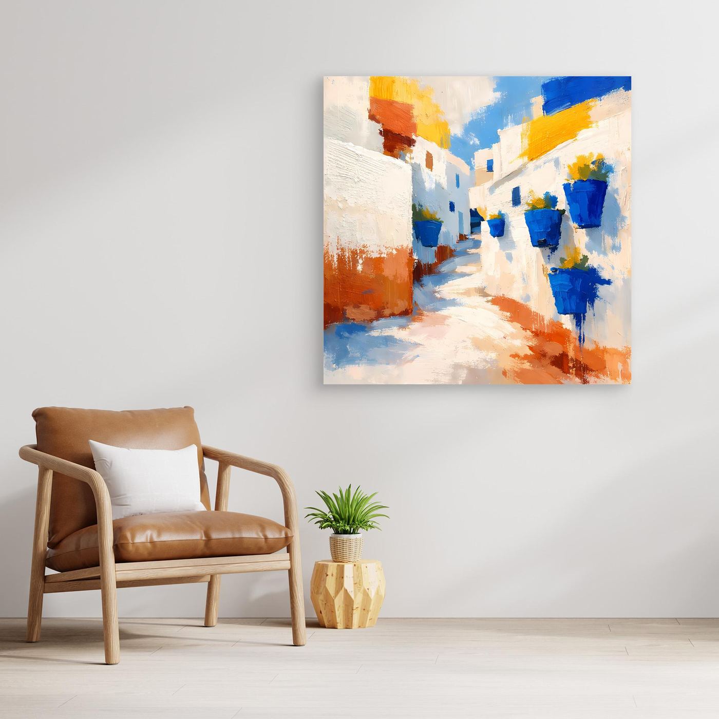Leinwand Griechische Gasse mit blauen Blumentöpfen | Abstraktes Santorin Wandbild
