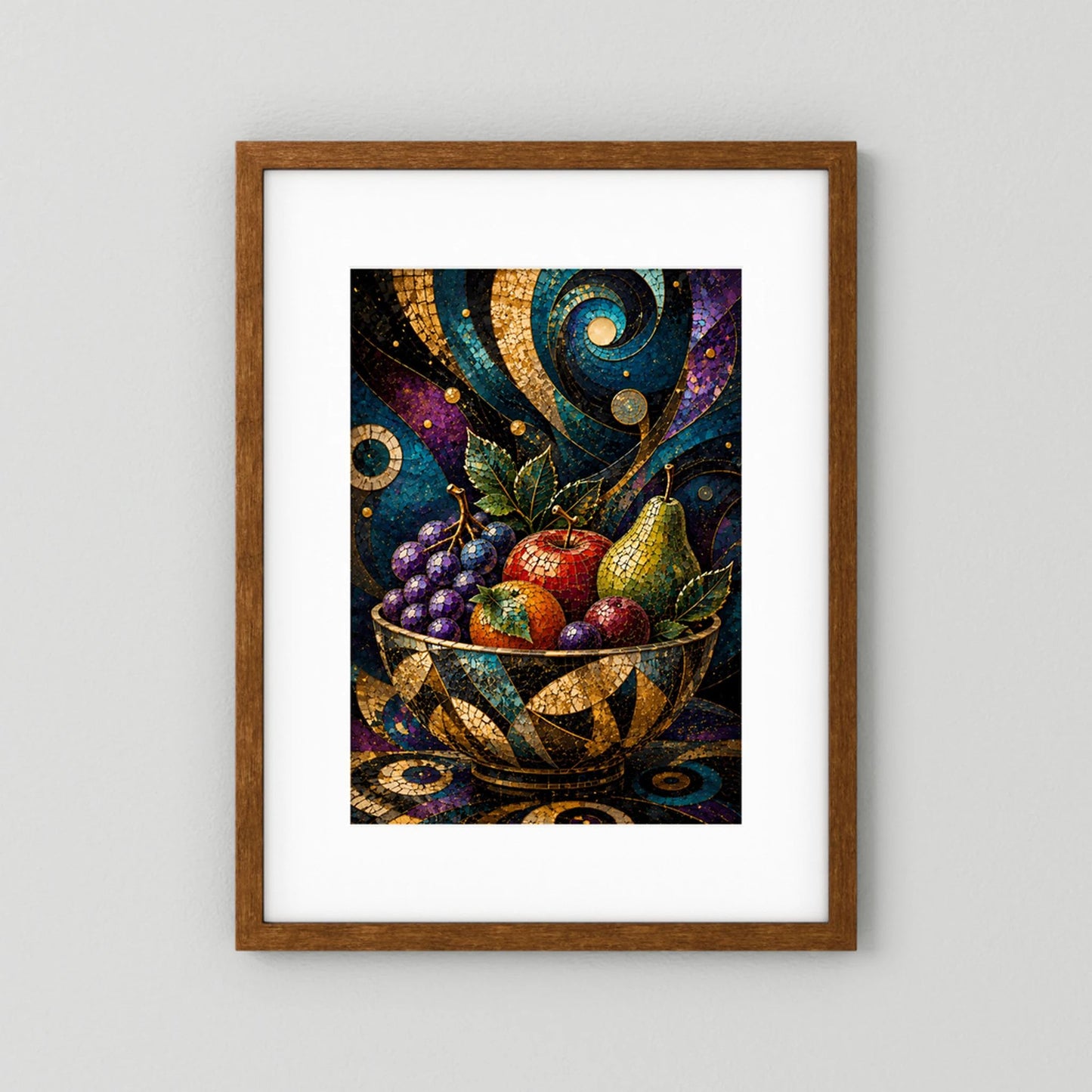 Poster im Hochformat mit Holzrahmen: bunte Mosaik-Obstschale, goldverziert