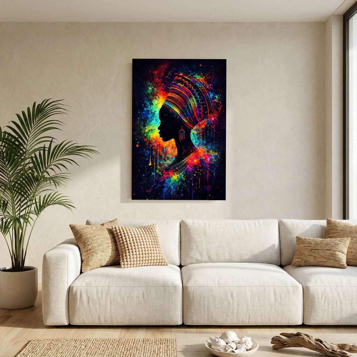 Hochformatiges Poster mit Profilansicht: afrikanische Frau, leuchtender Kopfschmuck, Neon-Sprühfarbe