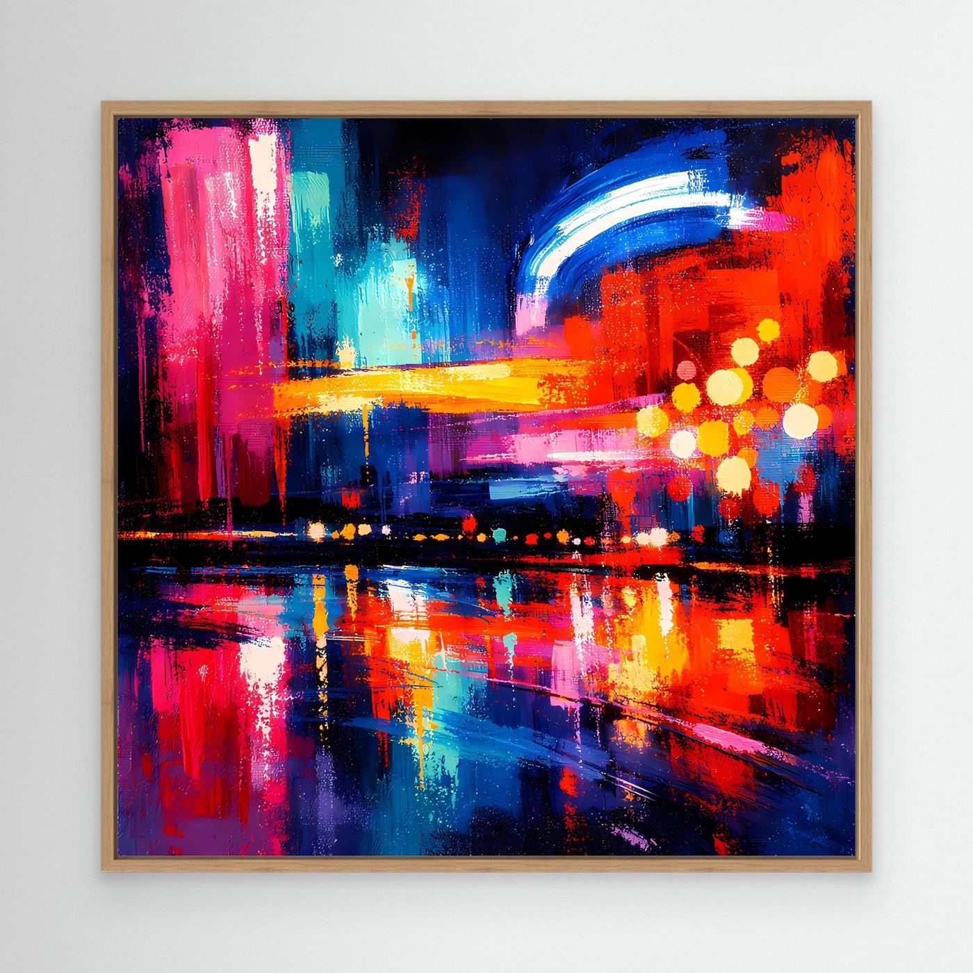 Abstraktes Leinwand-Wandbild (Eiche) mit Stadt-Skyline in Blau, Rot und Gelb