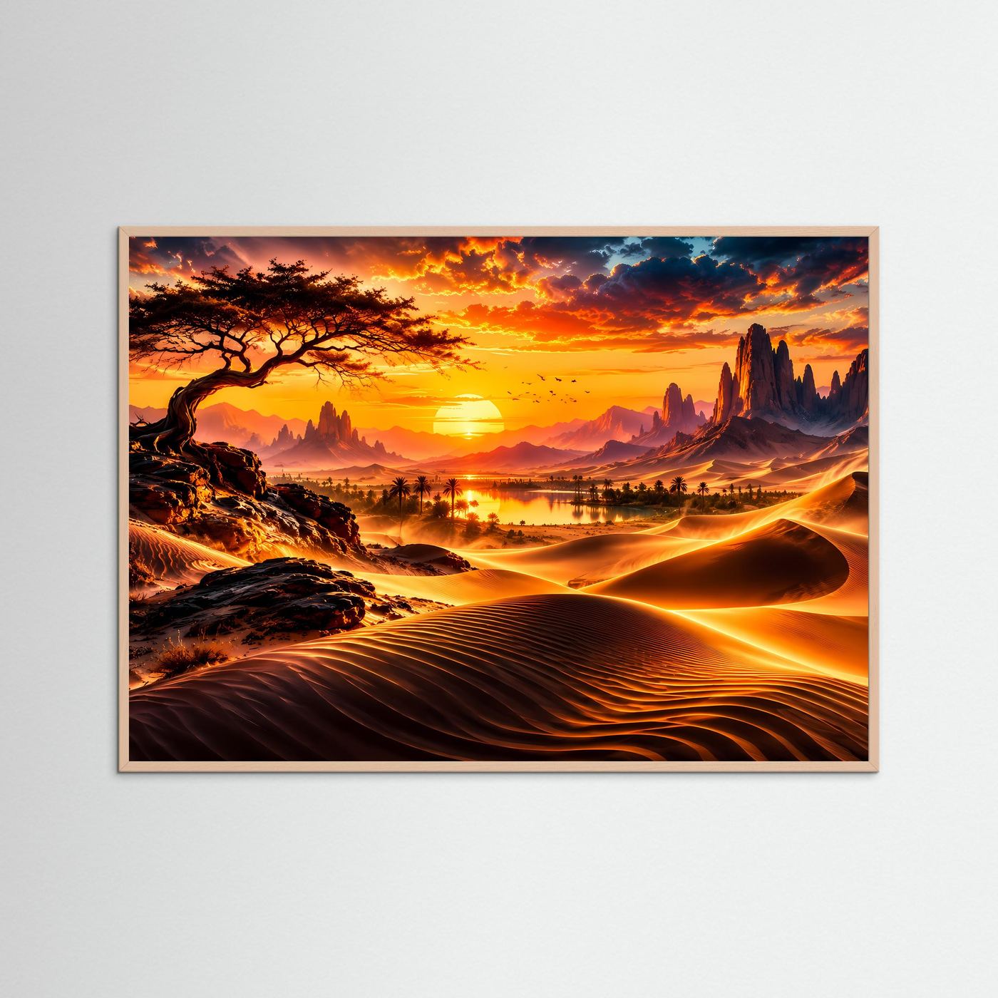 Goldene Wüste bei Sonnenuntergang | Oase & Dünen Landschaft Wandkunst
