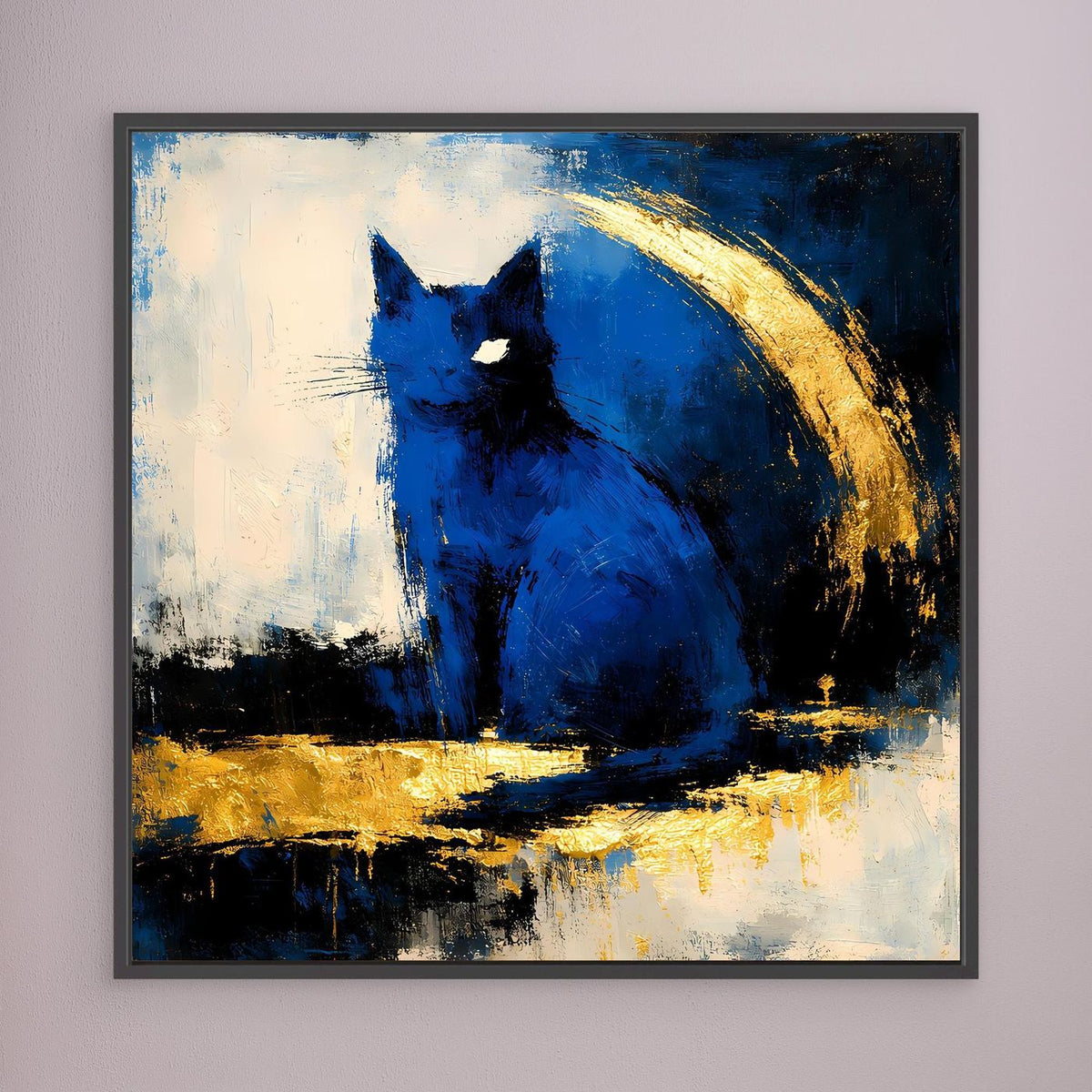 Gerahmtes Leinwand-Wandbild: blaues Tiermotiv mit Goldbogen, dunkler Rahmen