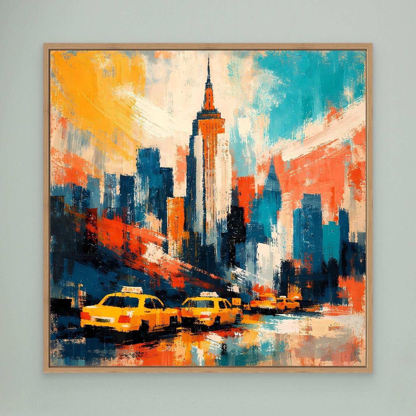 Gerahmtes abstraktes Wandbild mit New-York-Skyline, gelben Taxis und Wolkenkratzern in Blau/Orange.