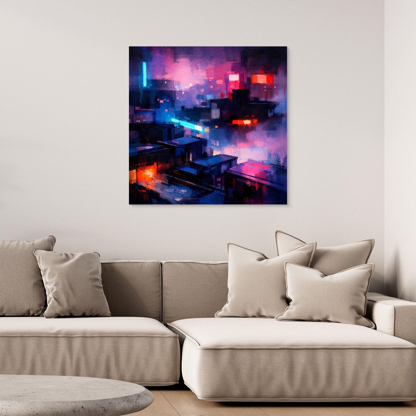 Leinwand Cyberpunk City bei Nacht | Modernes Neon-Dystopie Wandbild auf echter Leinwand