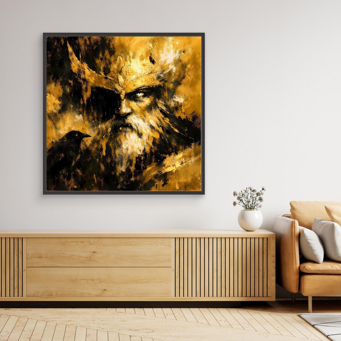 Leinwand Nordischer Gott Odin mit Rabe | Modernes Abstraktes Mythologie Wandbild