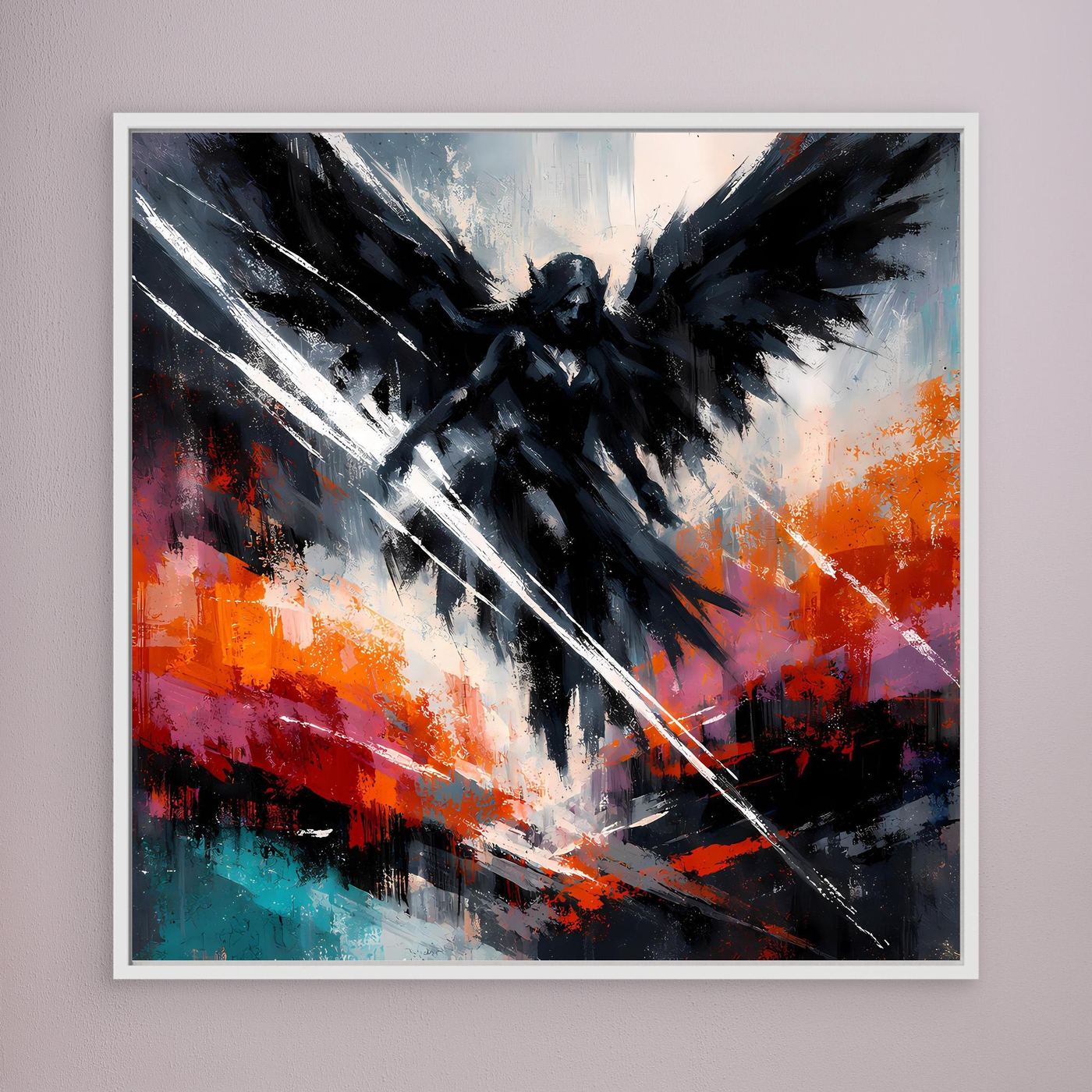 Fantasy-Wandbild: schwarzer geflügelter Engel, abstrakt Orange/Türkis, silberne Streifen, weißer Rahmen
