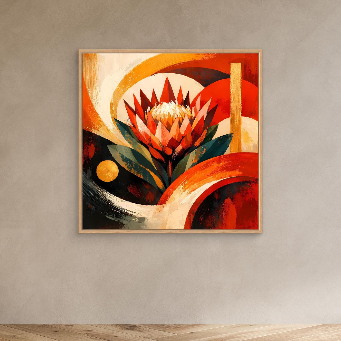 Leinwandbild mit abstrakter Protea im hellen Rahmen, Rot und Orange