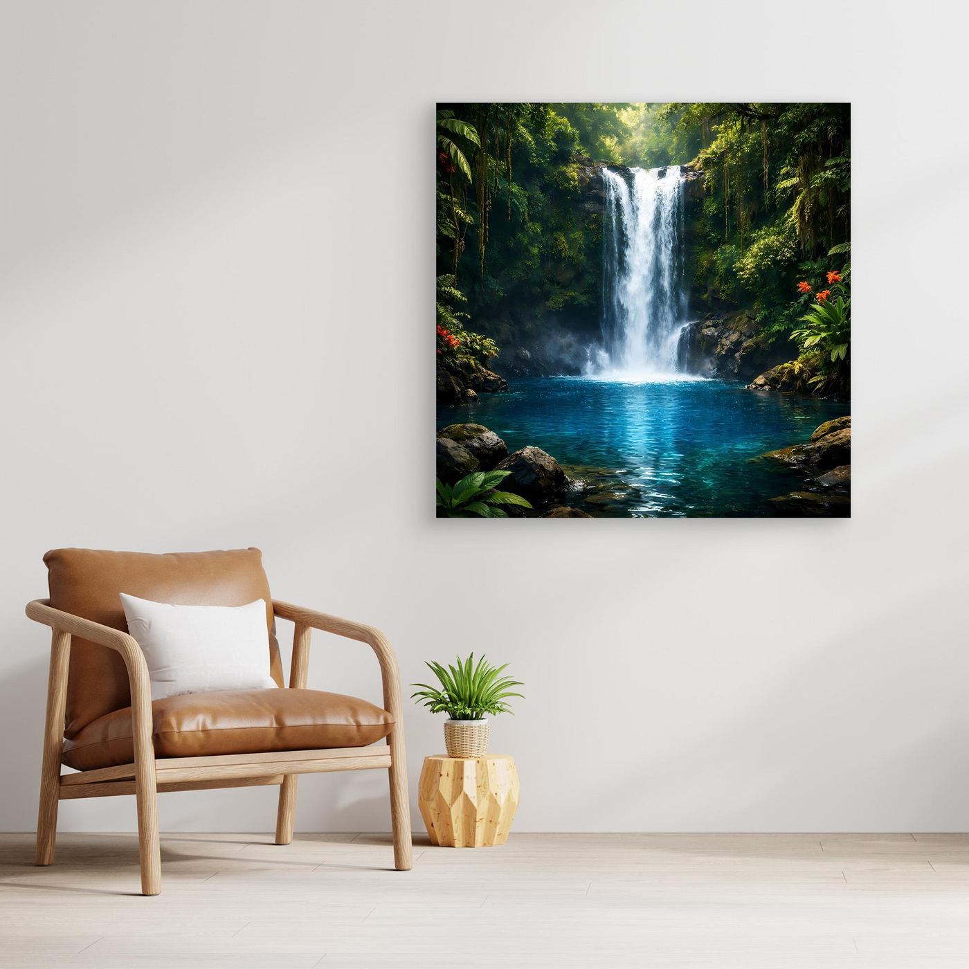 Leinwandbild mit Wasserfall im Dschungel, ohne erkennbaren Rahmen