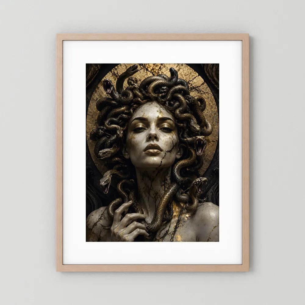 Poster der Schlangengöttin Medusa mit goldenen Schlangen, naturfarbener Holzrahmen
