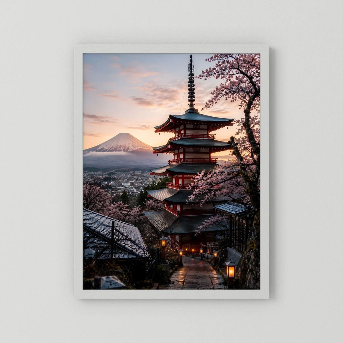 Hochformatiges Japan-Pagode Poster mit Kirschblüten und Fuji bei Sonnenuntergang, weiß gerahmt