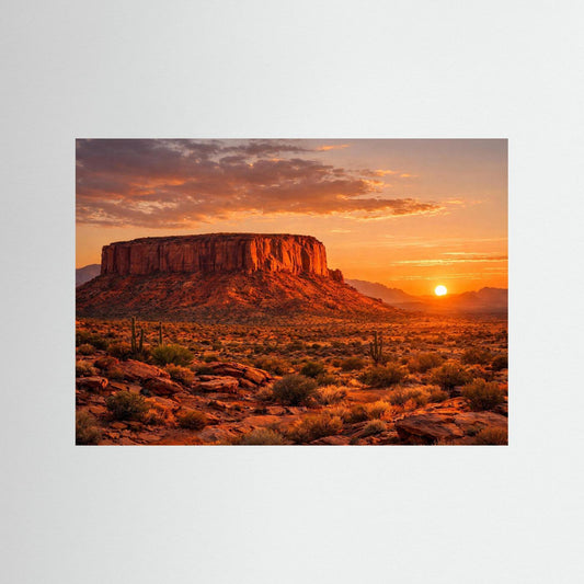 Poster mit Felsplateau in der Wüste und Abendsonne, orangefarbene Dämmerung