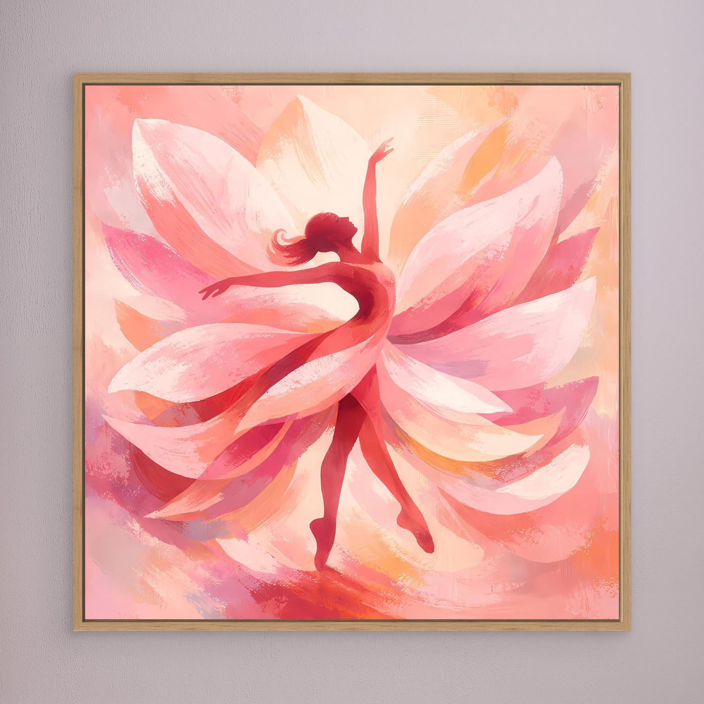 Leinwandbild mit rosa Blütenmotiv und Tänzerin, brauner Holzrahmen
