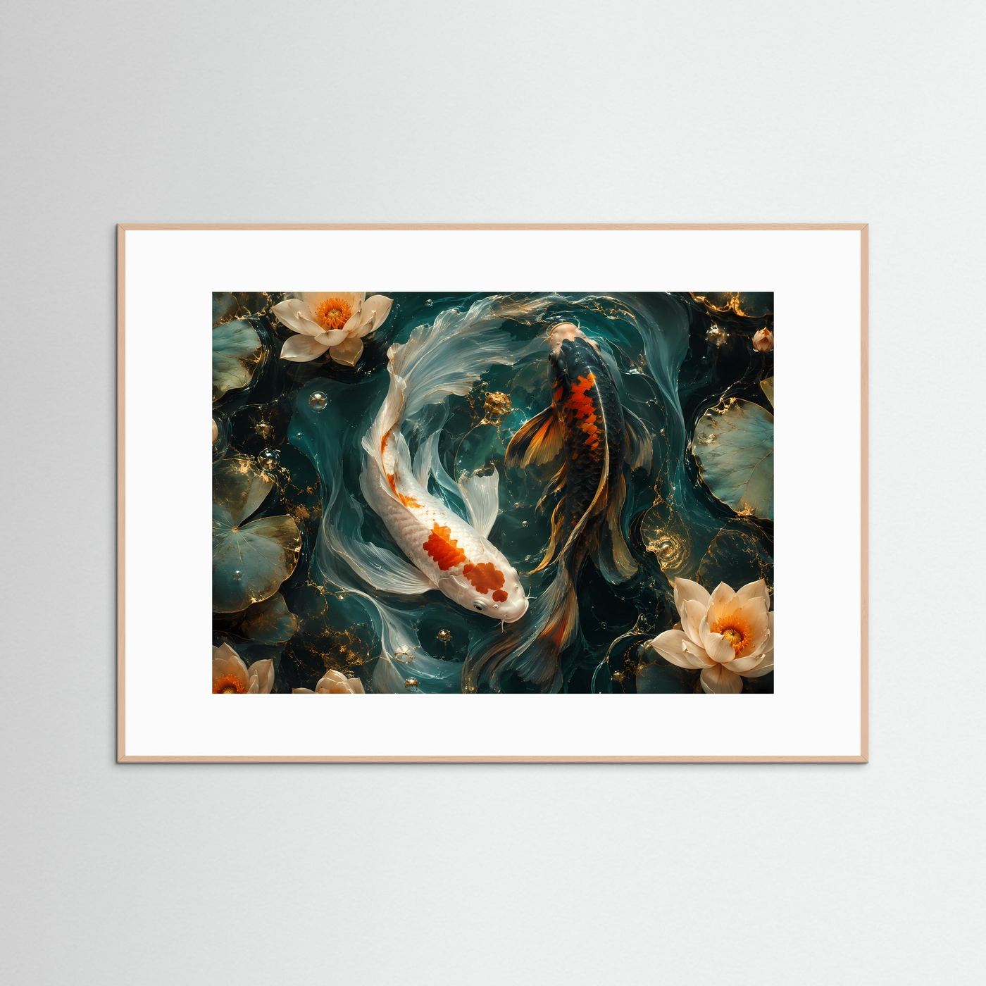 Yin Yang Koi Fische mit Lotusblüten | Elegantes Feng Shui Poster Querformat