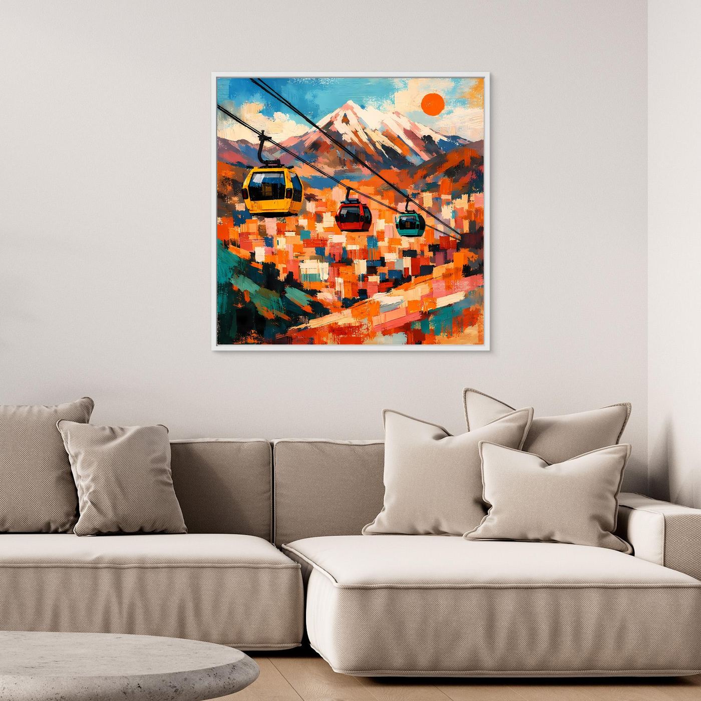 Abstraktes Wandbild mit Seilbahnkabinen und Berggipfeln, bunte Pixeloptik, dunkler Rahmen