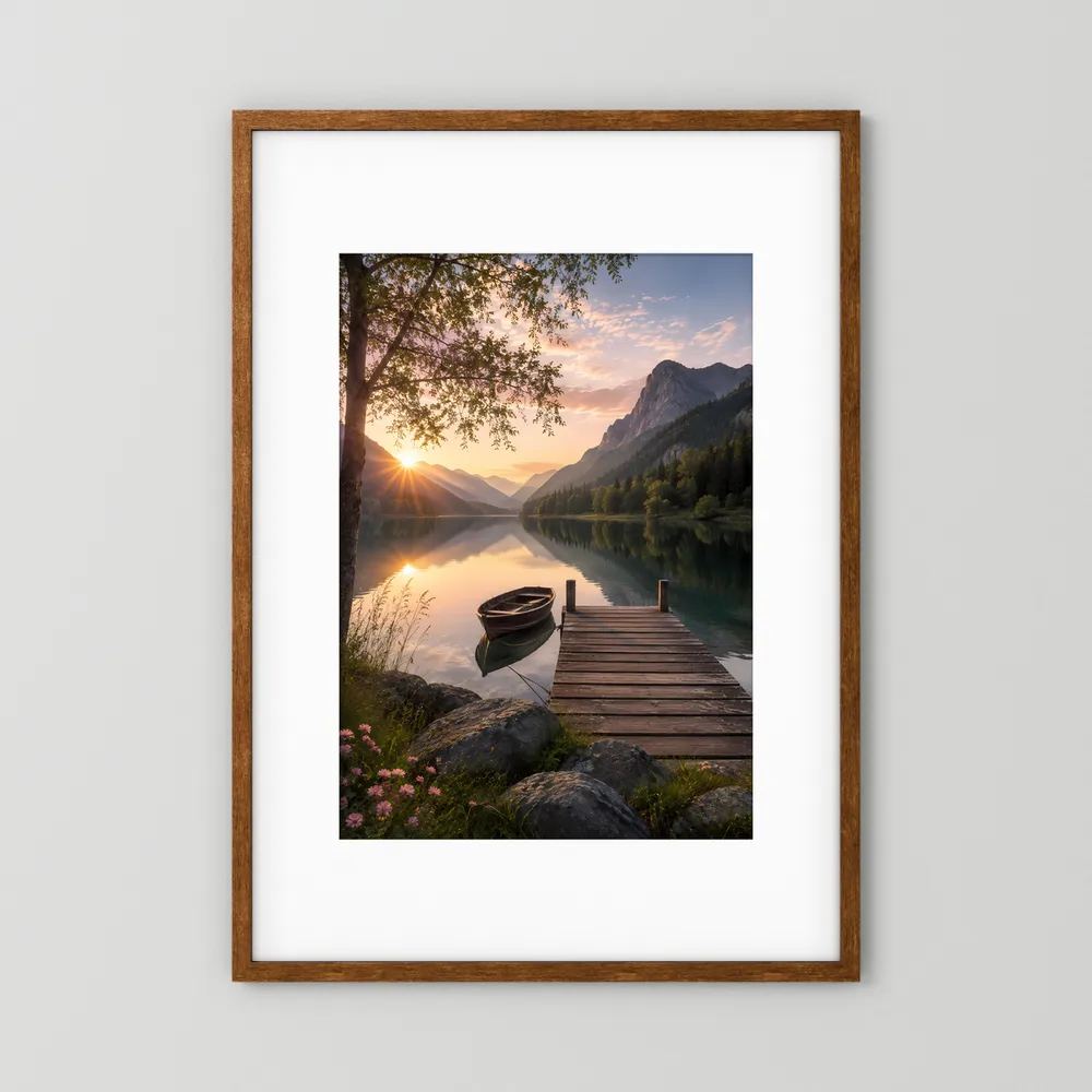 Hochformat-Poster mit Sonnenaufgang, See, Holzsteg und Boot vor Bergen, im Holzrahmen