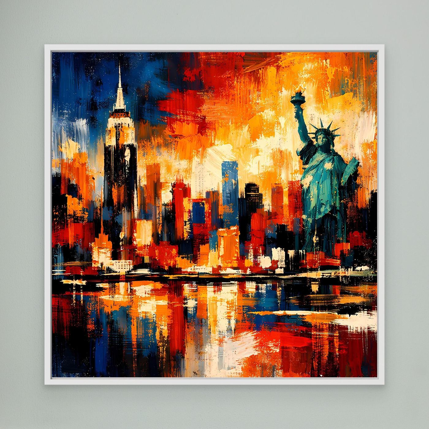 Leinwandbild mit abstrakter New-York-Skyline und Freiheitsstatue, weiß gerahmt