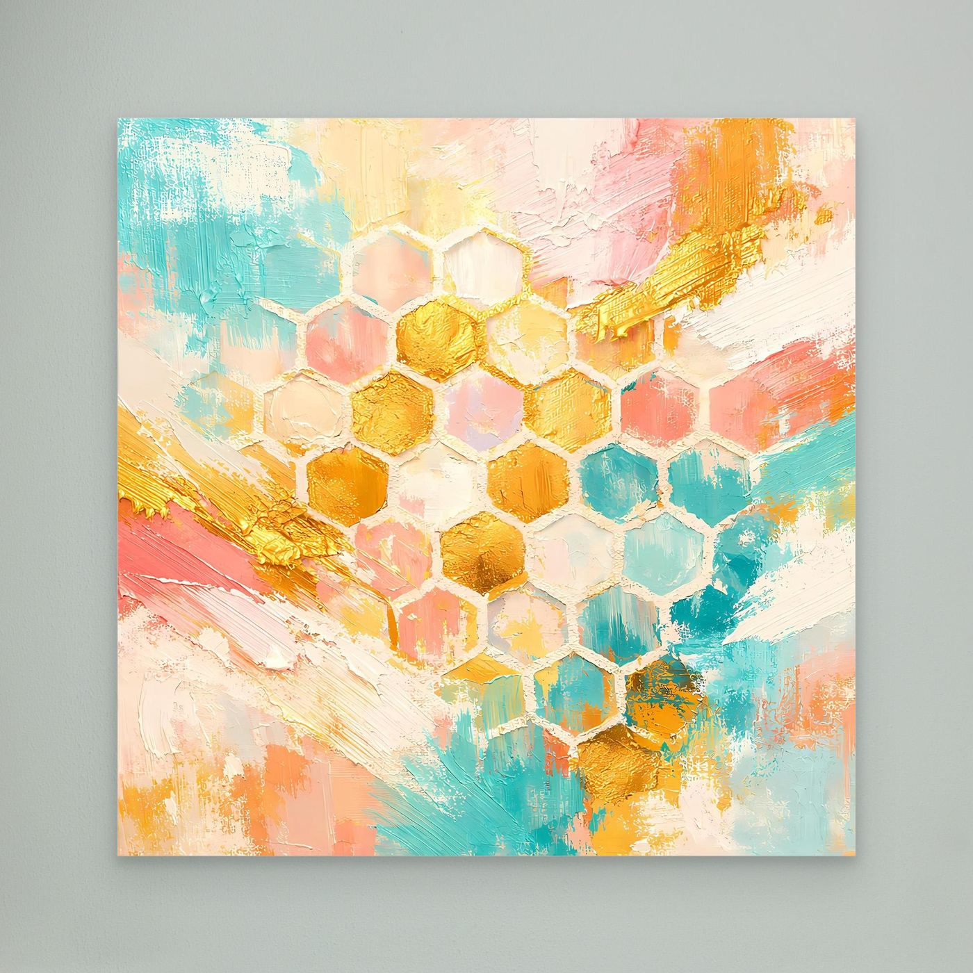 Leinwandbild mit Bienenwaben-Muster in Pastellfarben und goldenen Akzenten