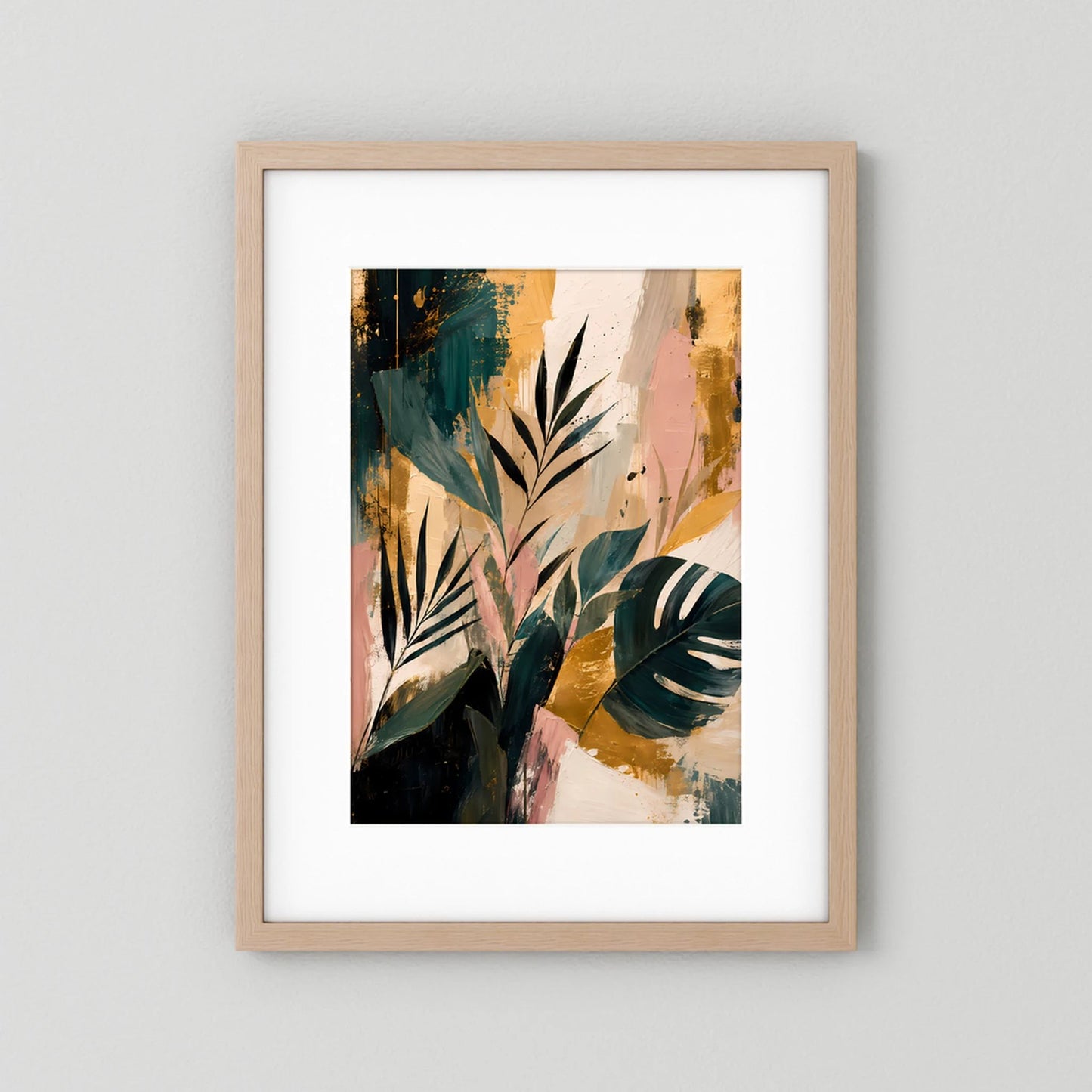 Abstrakte tropische Blätter | Botanische Kunst in Petrol, Rosa und Gold | Poster Hochformat