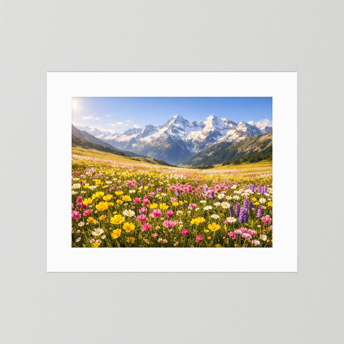 Wandbild mit Alpenblumenwiese und Bergpanorama, weißer Passepartout