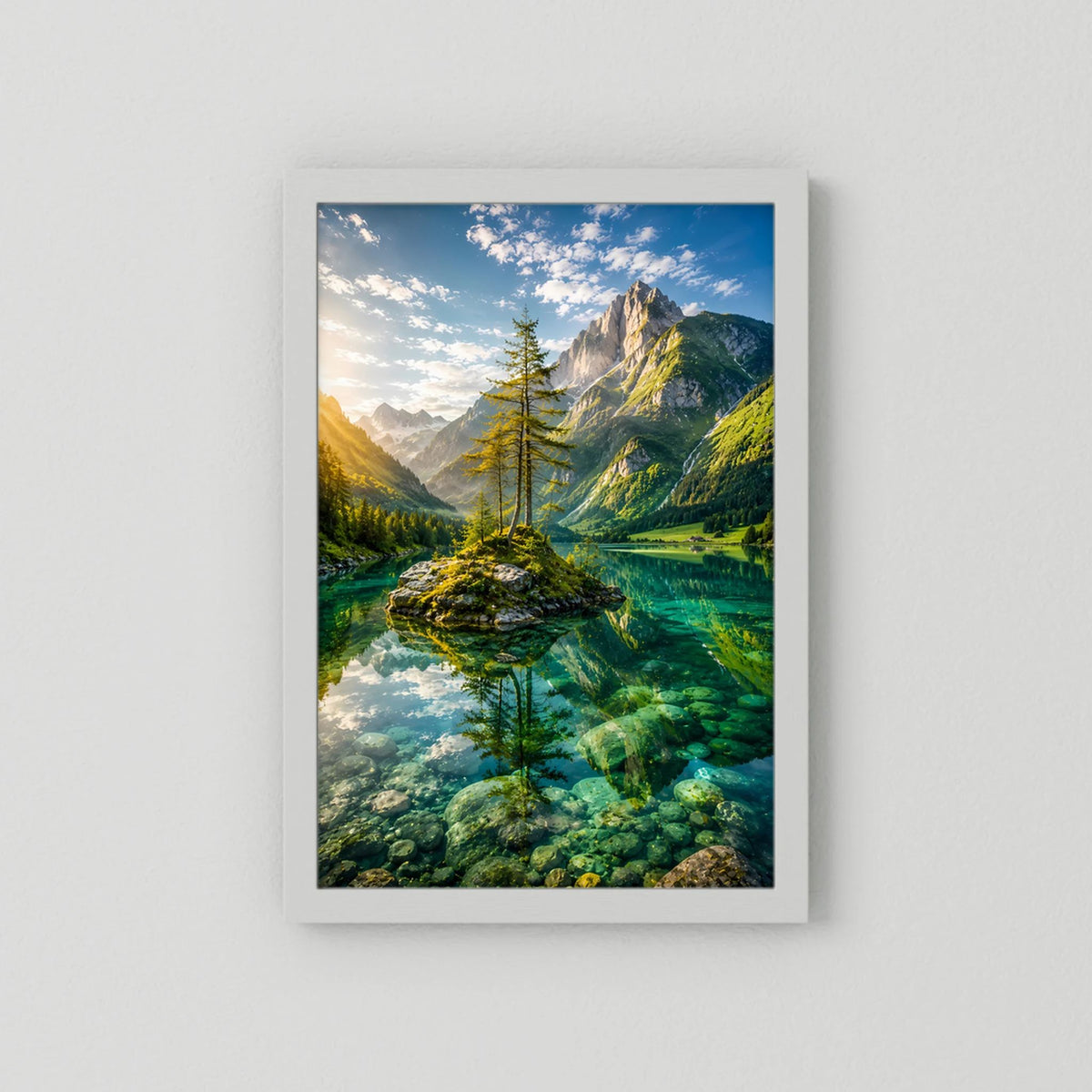Hochformatiges Poster mit Bergsee und Bauminsel, grünes Wasser, Berge, weißer Rahmen