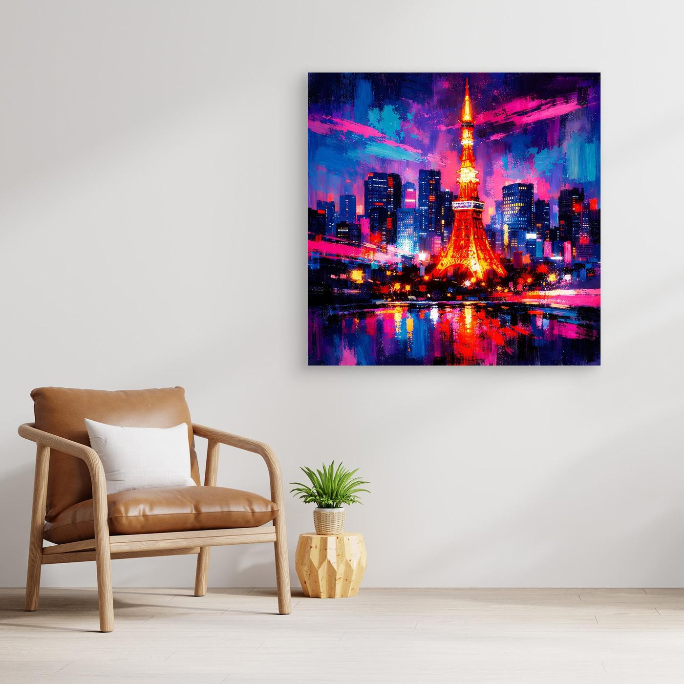 Abstraktes Skyline-Wandbild mit leuchtenden Farben und Turm, quadratisch, ohne sichtbaren Rahmen