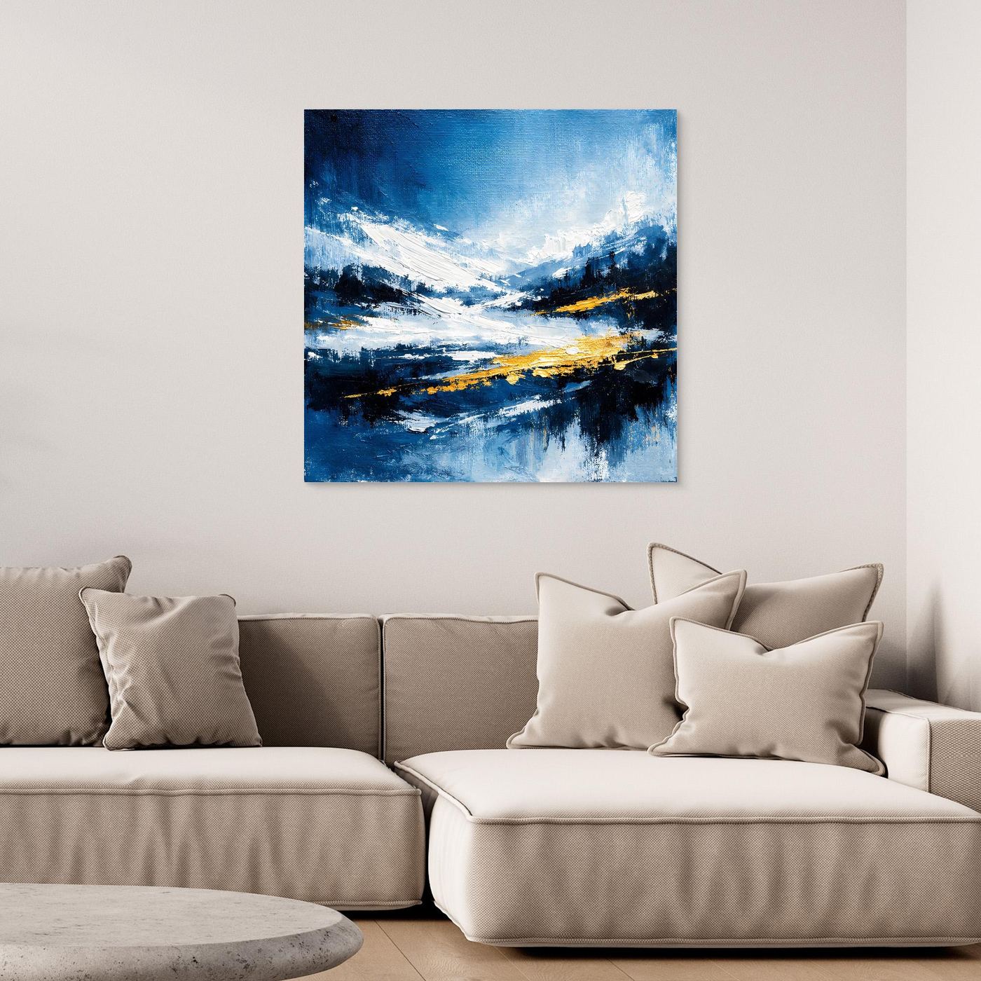 Leinwand Abstraktes Wintergemälde in Blau und Gold | Modernes Schnee & Berge Wandbild