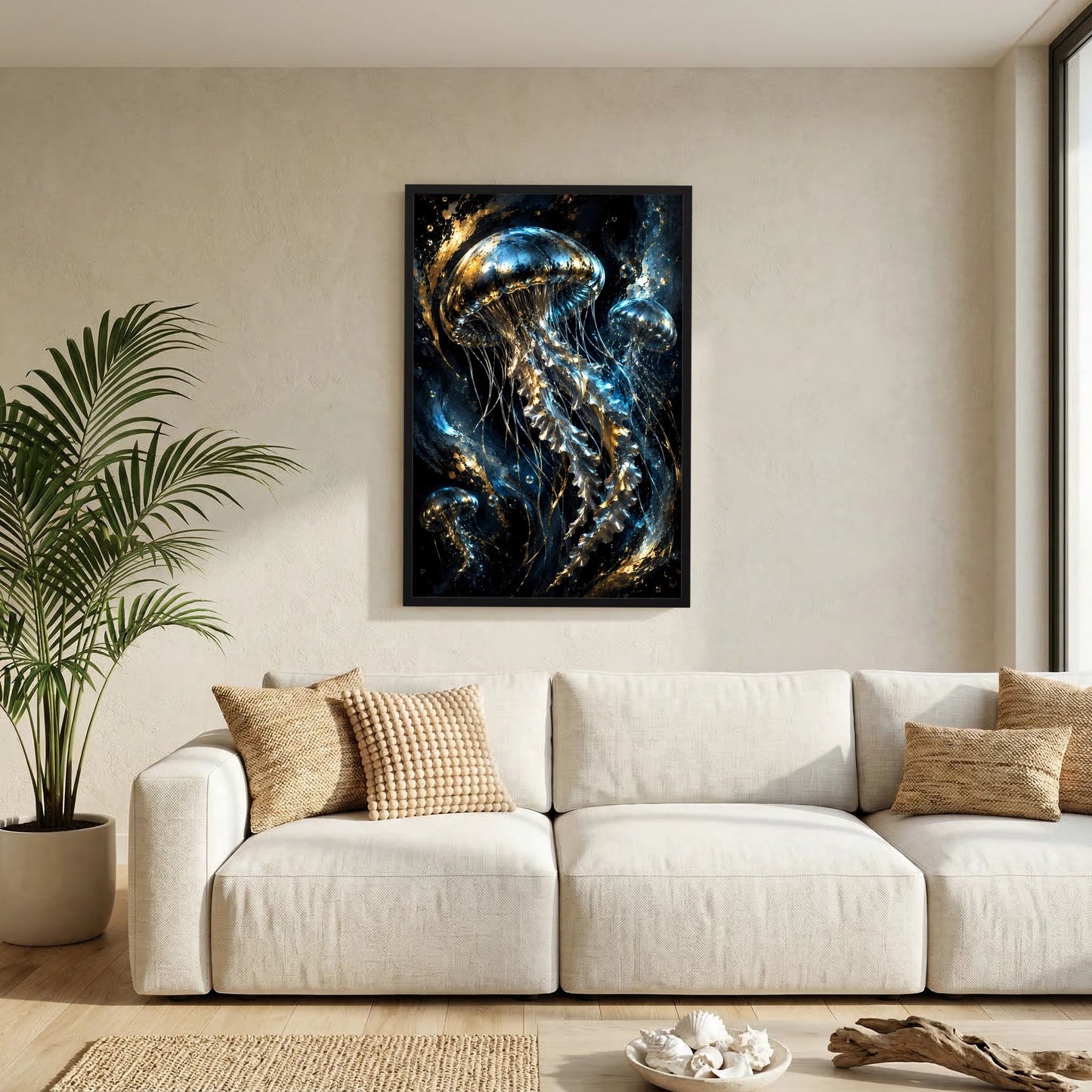 Gerahmtes Poster im Hochformat mit goldenen und blauen Quallen, dunkler Unterwasseroptik